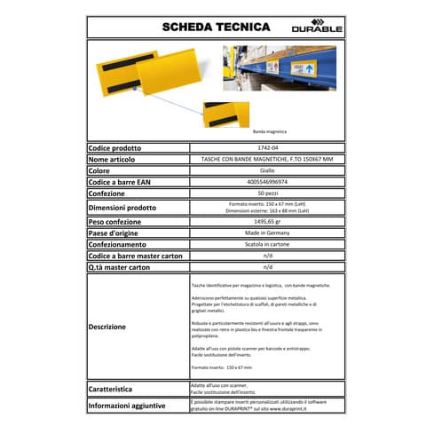 Tasche per identificazione a fissaggio magnetico DURABLE 163x81,5 mm giallo Conf. 50 pz - 1742-04